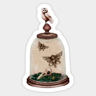 Watercolor Barn Owl Hummingbird Skull and Death Moth Dark Academia Cloche With Raven Botanical Green Moss Halloween Watercolor Sticker